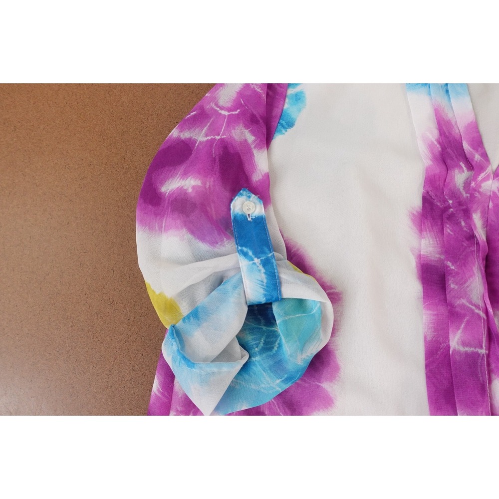 Calvin Klein Womens Small Colorful Tie Dye Chiffon Pleated 3/4 Sleeve V Neck Top - Picture 5 of 9
